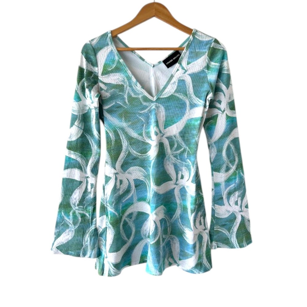 Louisa Ballou Resort Dress Blue Green Seafoam Abstract Print Mini Dress Size L
